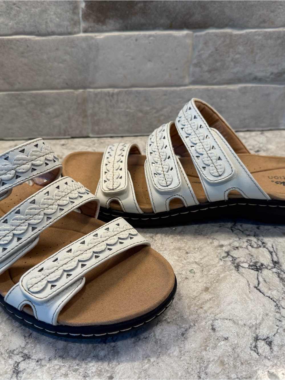 Clarks NWT - White Braided Three-Strap Slide Sandals
